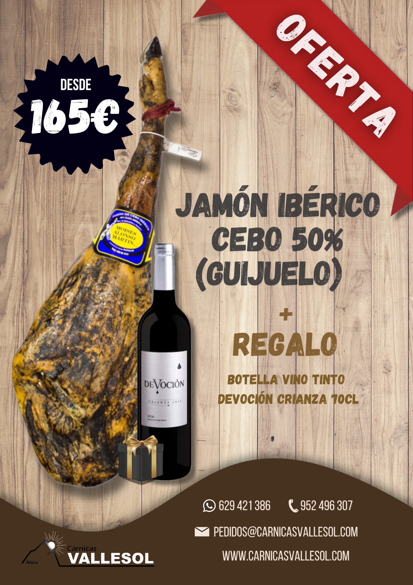JAMÓN IBÉRICO CEBO 50% – GUIJUELO +A REGALO BOTELLA DE VINO TINDO DEVOCIÓN CRIANZA