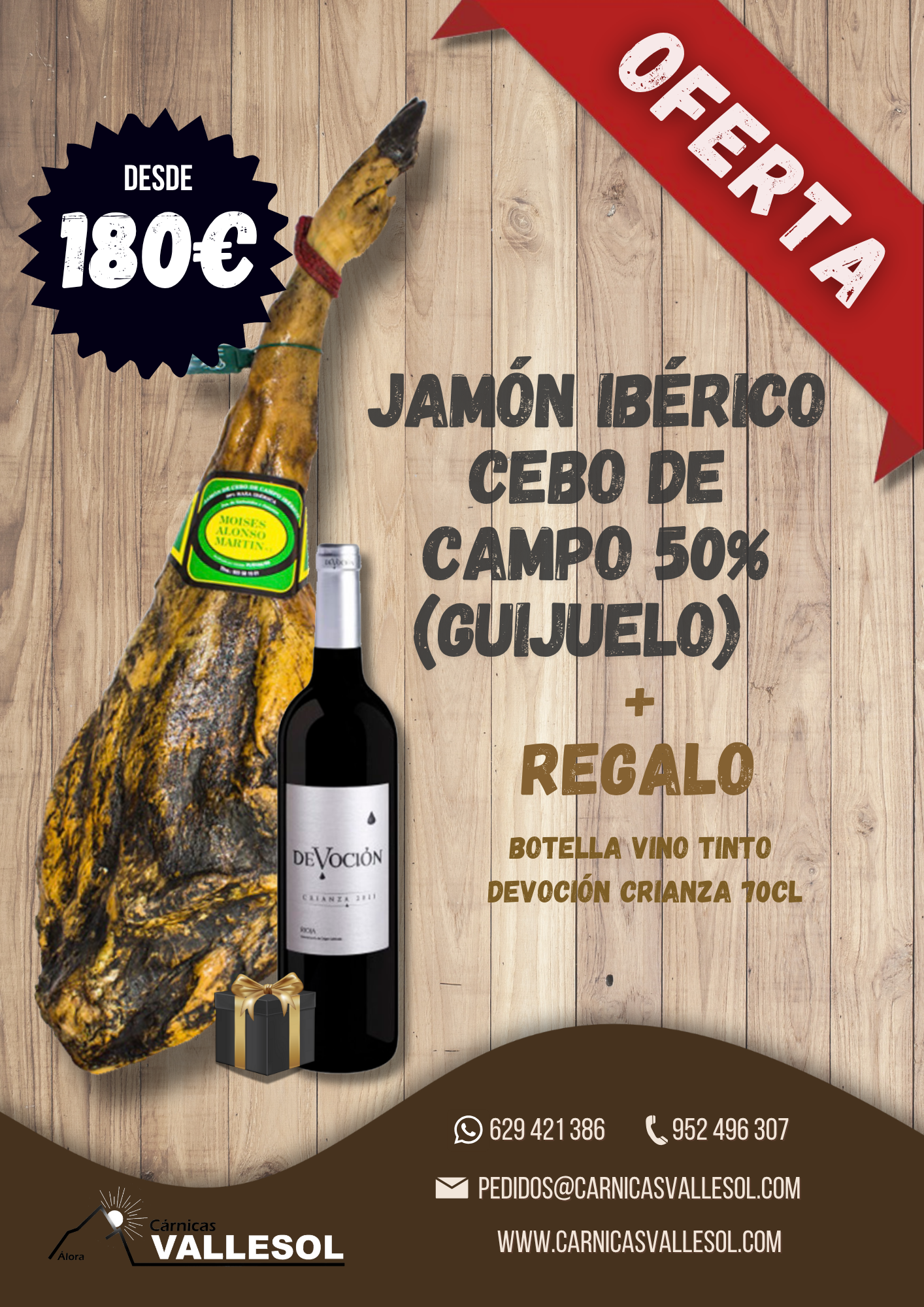 JAMÓN IBÉRICO CEBO DE CAMPO 50% – GUIJUELO + REGALO BOTELLA VINO TINTO DEVOCIÓN CRIANZA